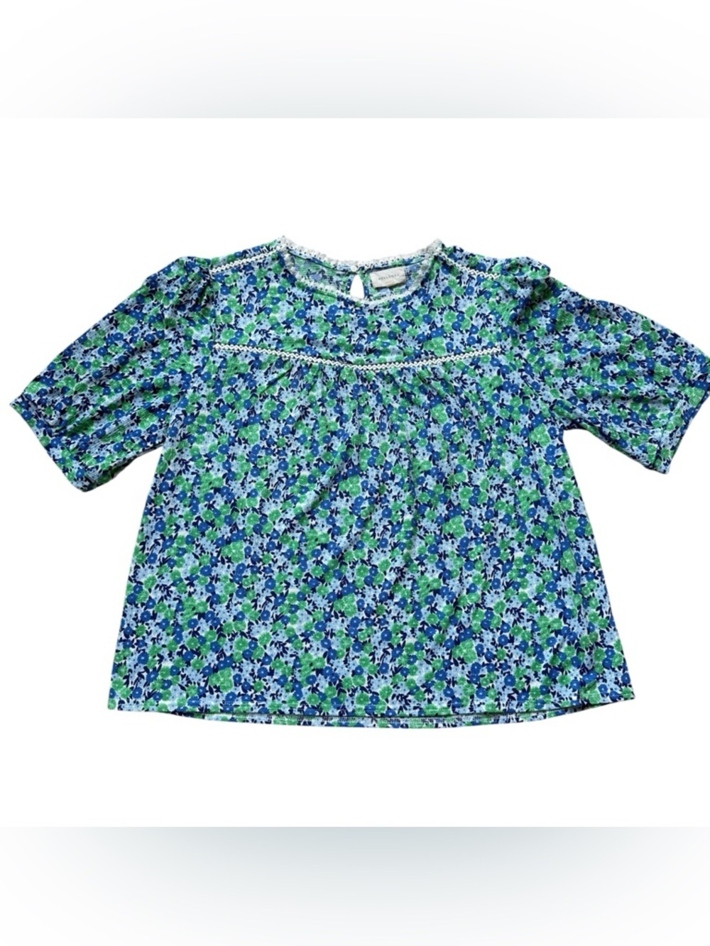 Melloday Floral Blouse Cottagecore Boho Lace Trim Peasant Top Blue Green XL